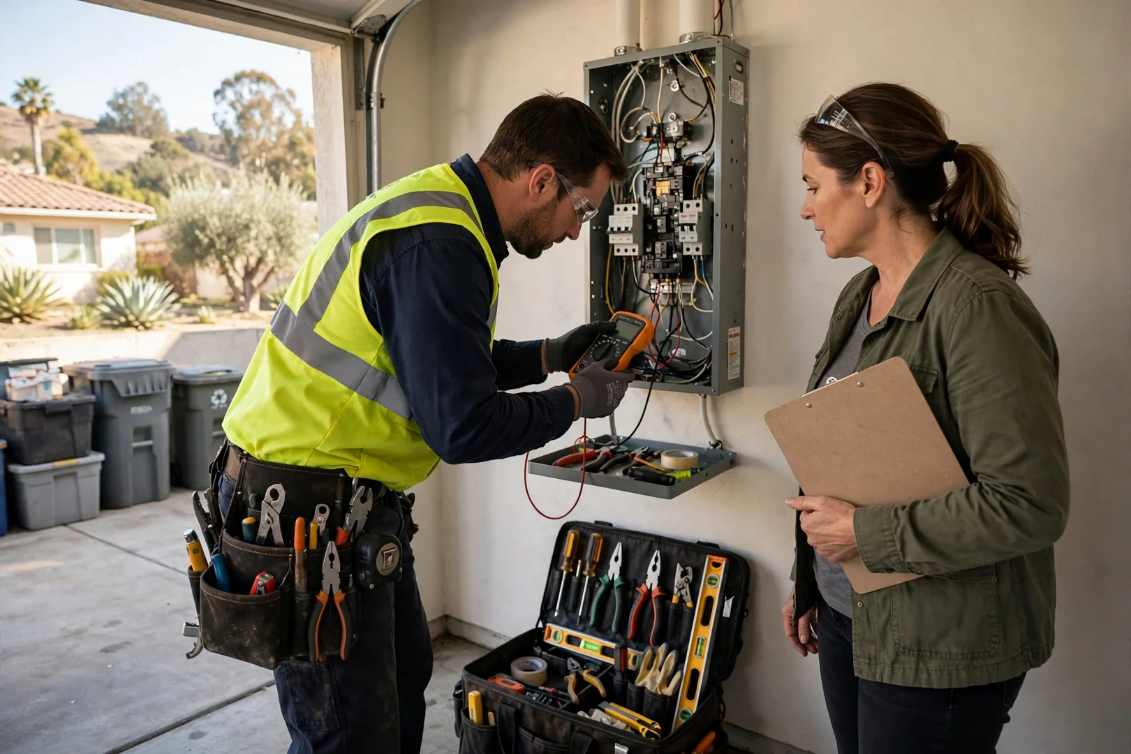 Electrician reviewing an upgraded electrical panel inside a Santa Clara home