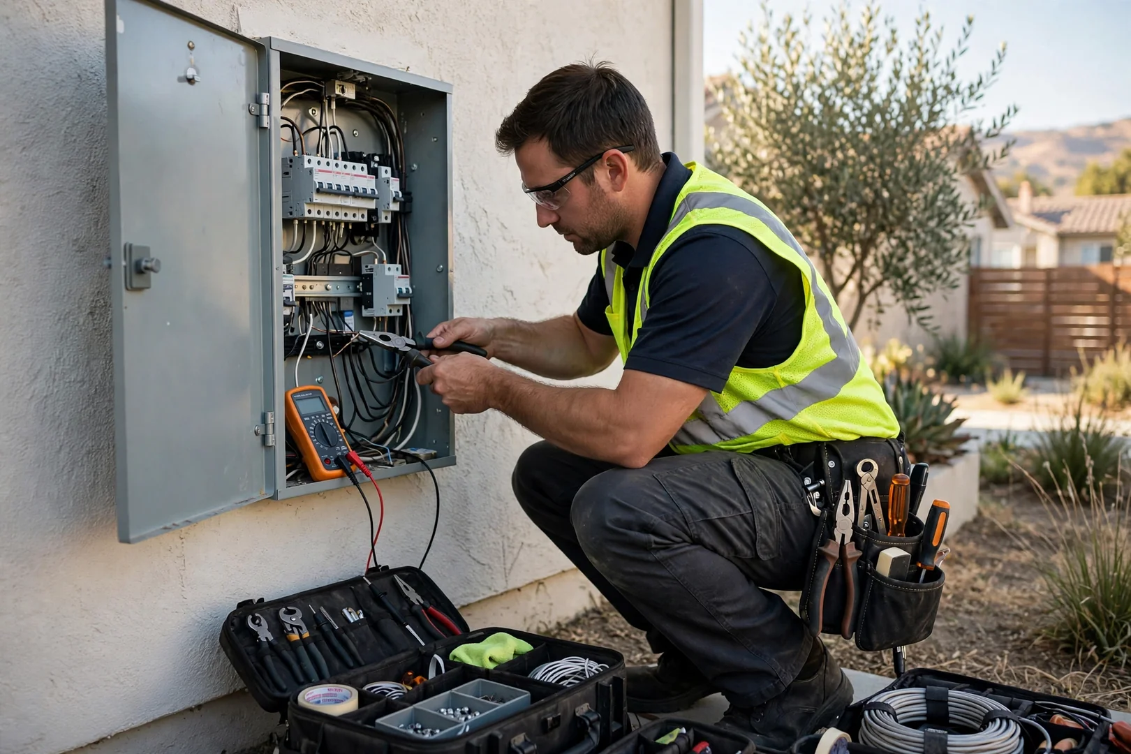 Electrician installing a modern breaker panel in a Santa Clara home