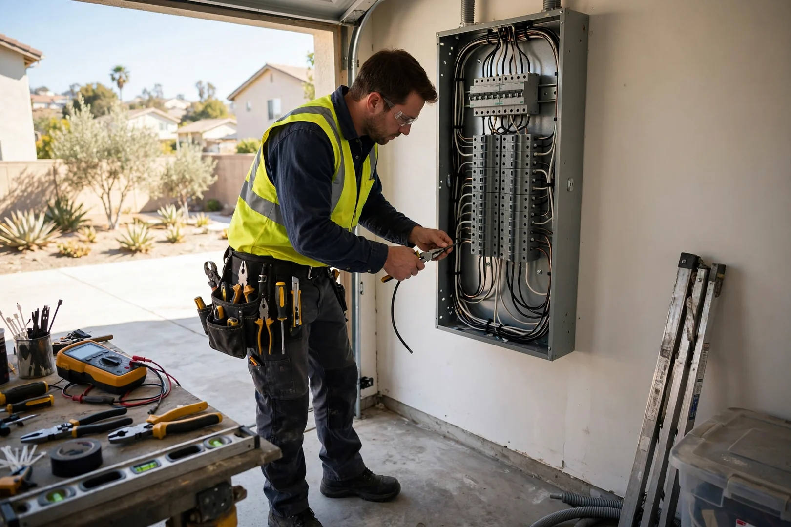 Newly installed 200-amp service panel with neatly labeled breakers in a residential garage