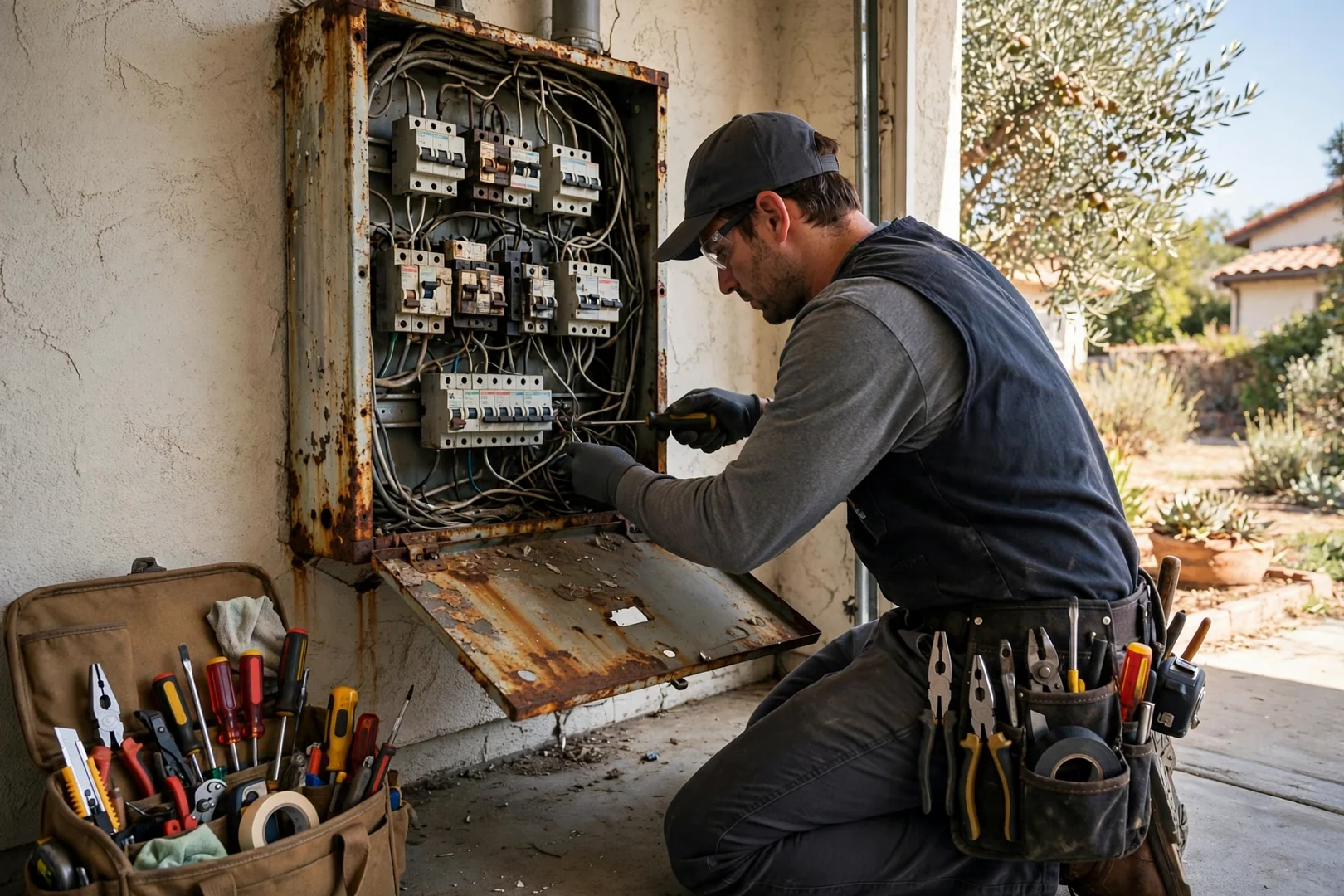 Aged undersized electrical panel showing rust and crowded breakers before a Santa Clara upgrade