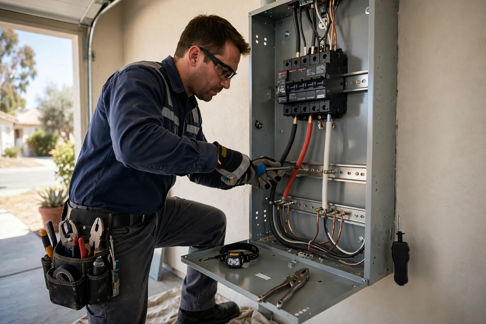 Electrician landing feeder conductors onto a new main breaker inside an upgraded panel