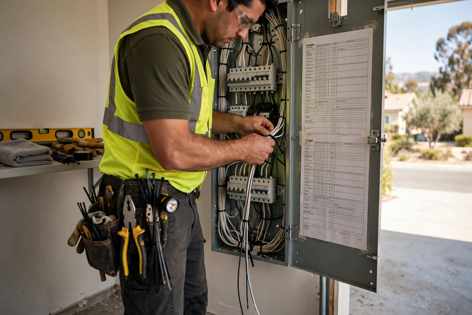 Completed panel upgrade with clean wire routing and a printed circuit directory