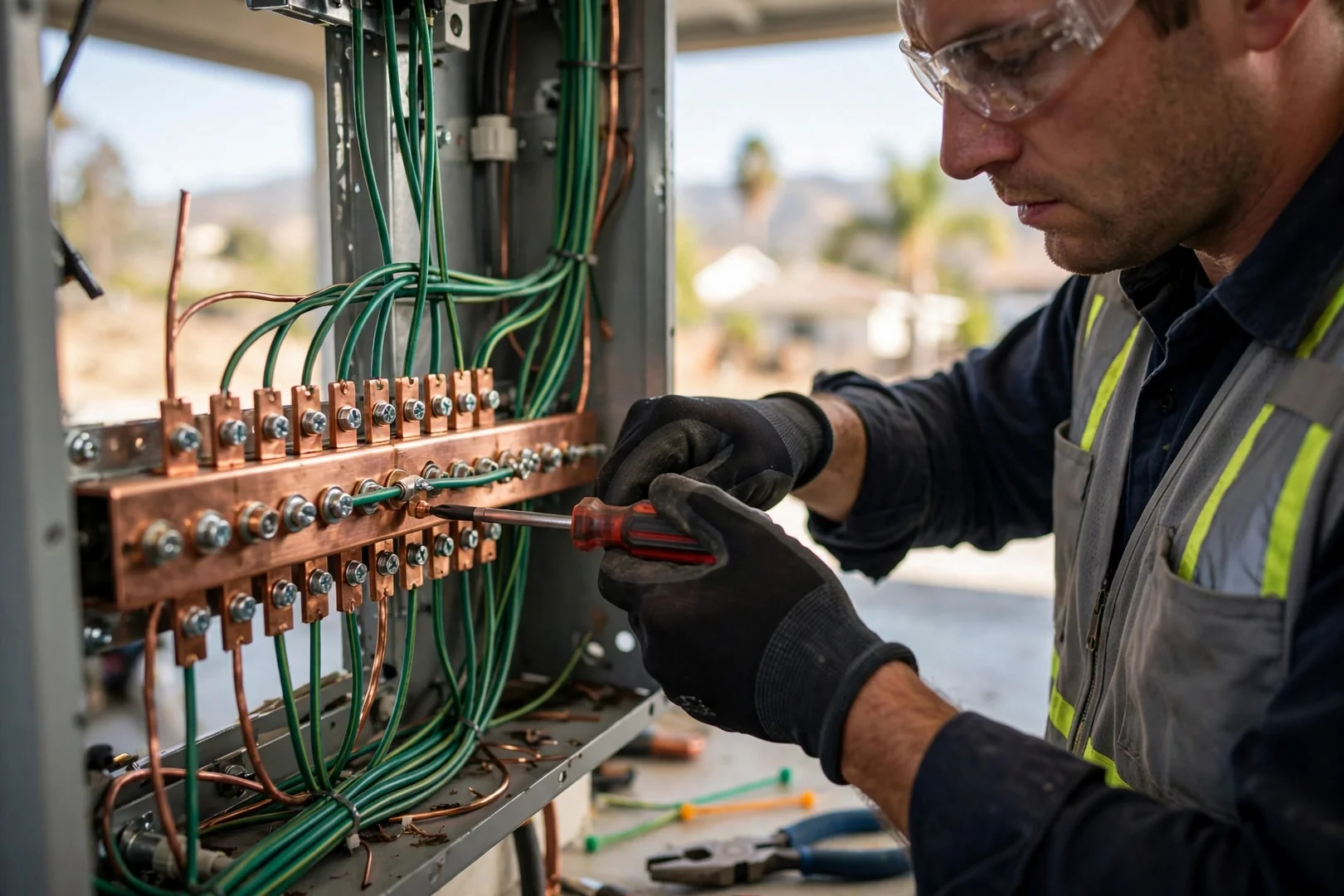 Close view of grounding and bonding connections on an upgraded electrical panel busbar