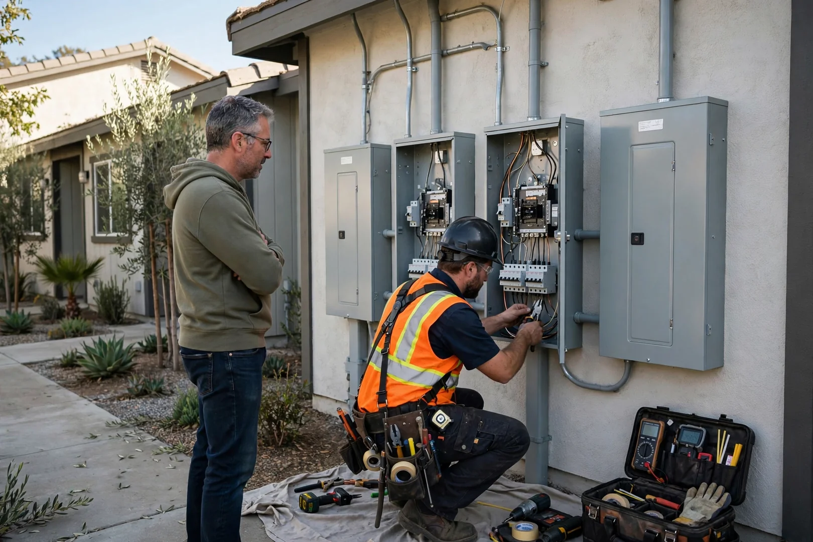 Row of upgraded service panels installed for a small multi-unit Santa Clara property