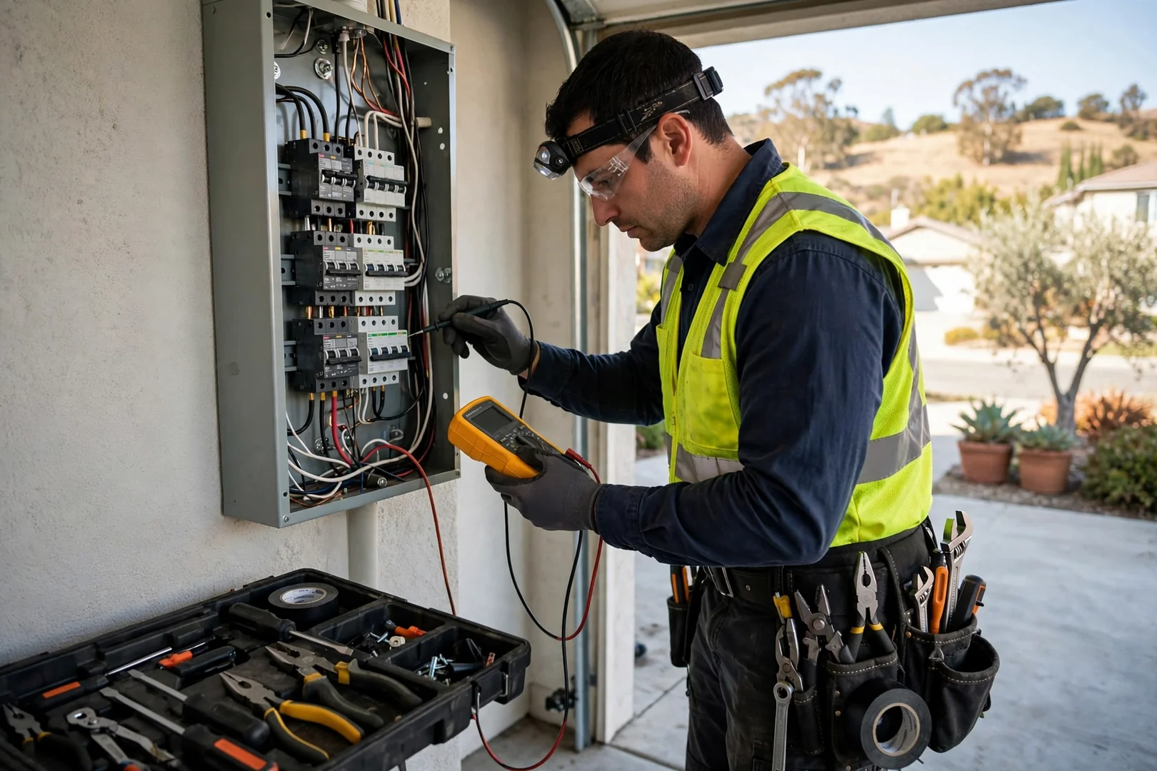 Technician testing breaker circuits during final verification of a panel upgrade