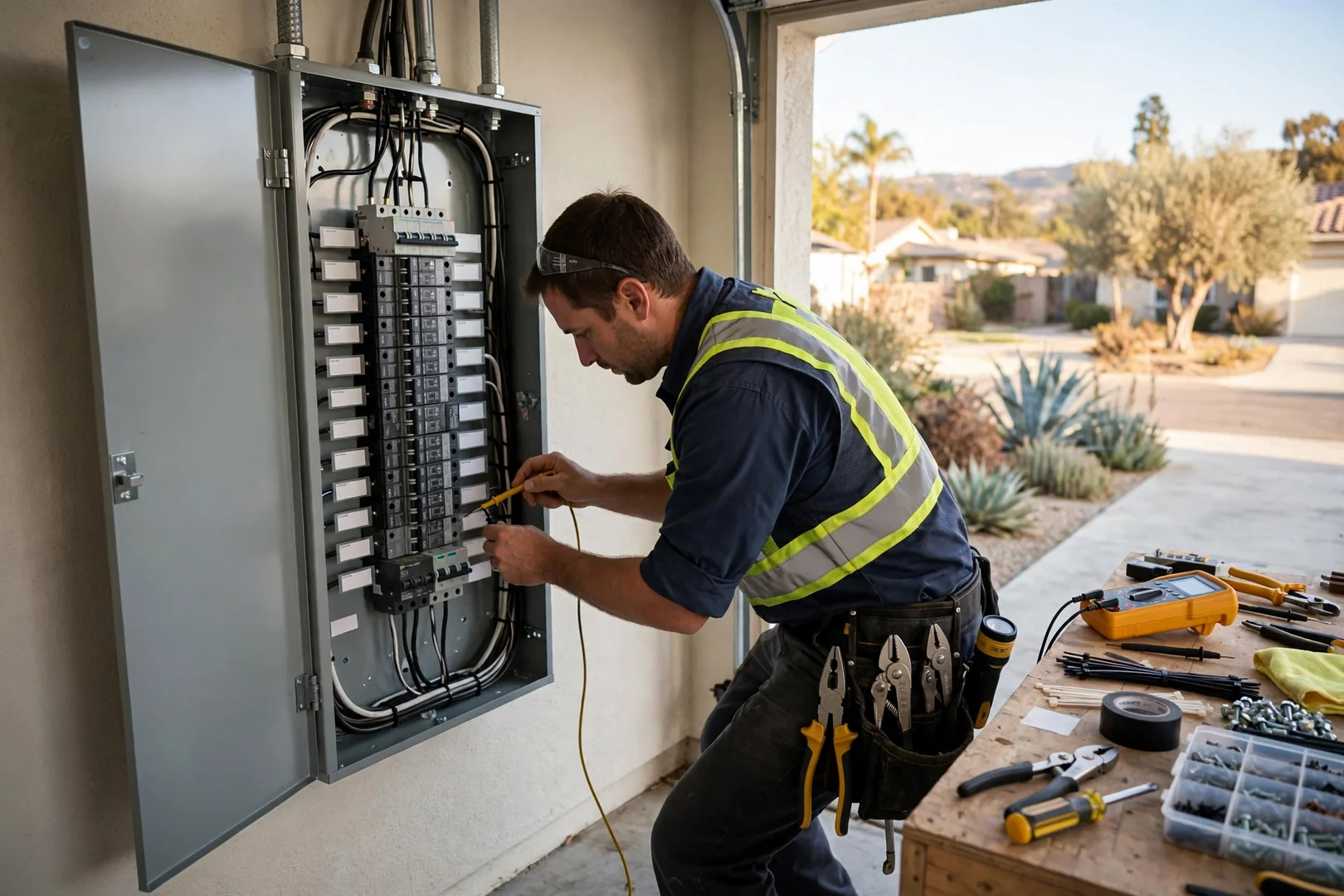 Newly installed 200-amp breaker panel with labeled circuits in Santa Clara