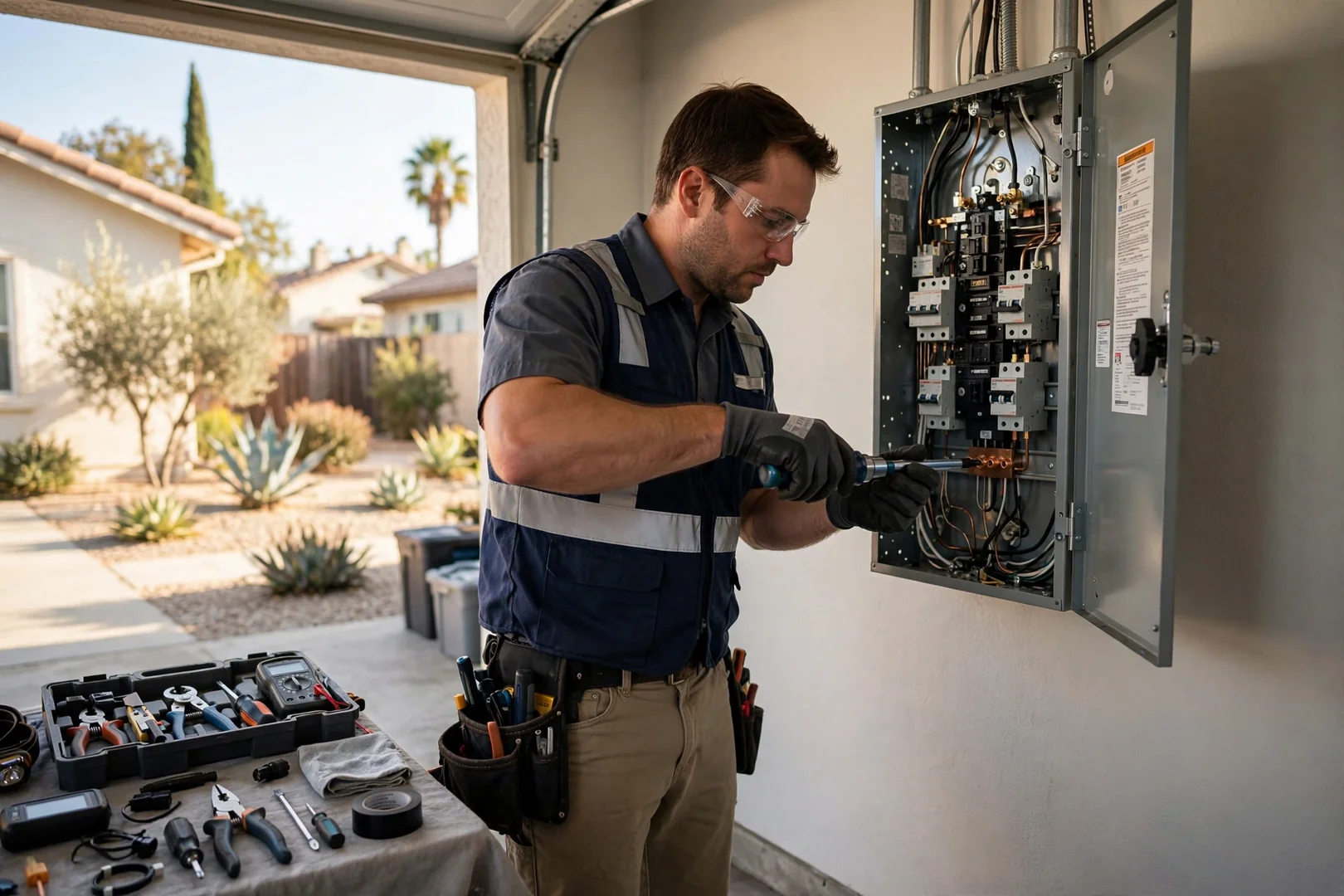 Electrician performing torque checks on panel connections during an upgrade