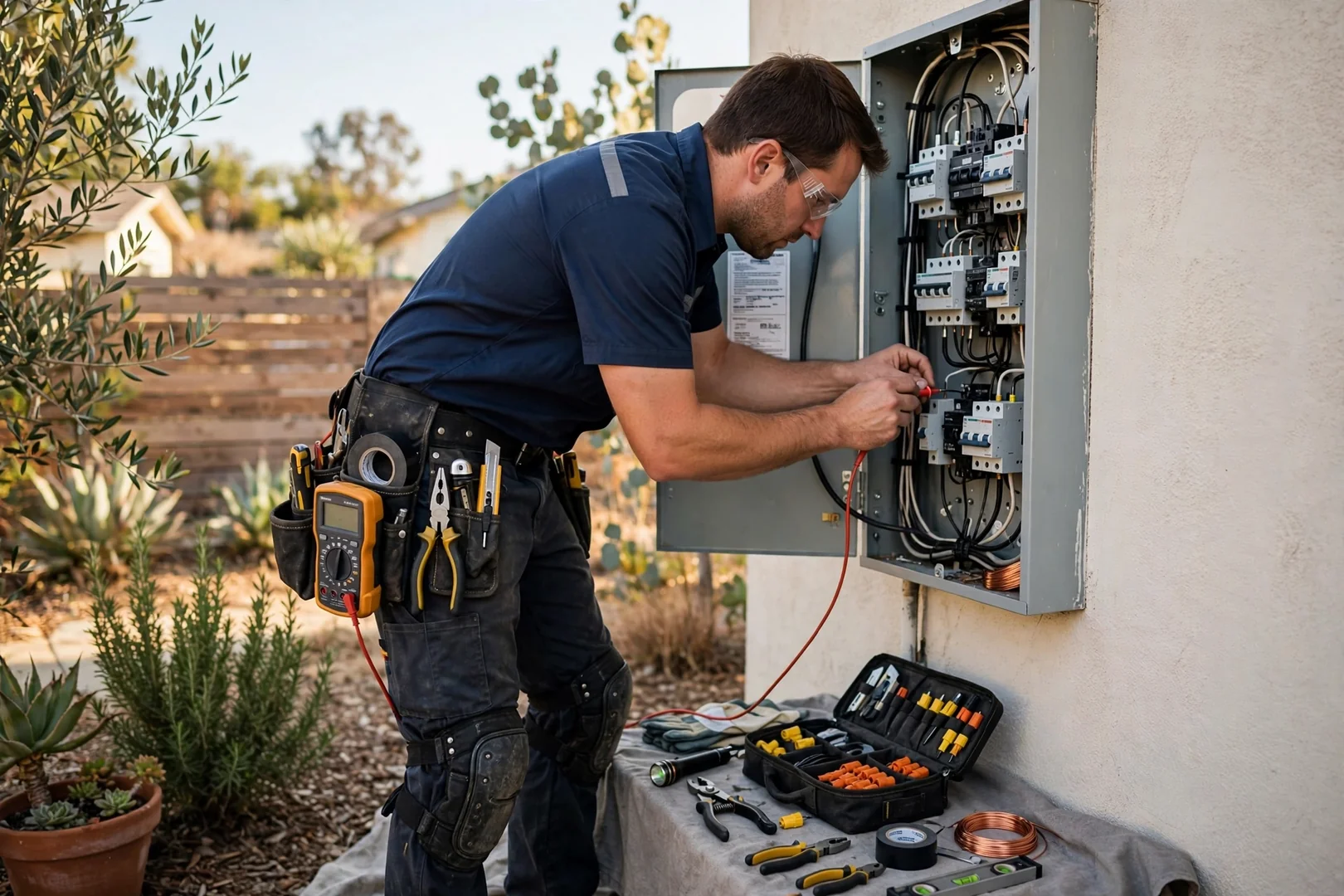 Electrician testing a residential service panel during a home electrical inspection in Santa Clara