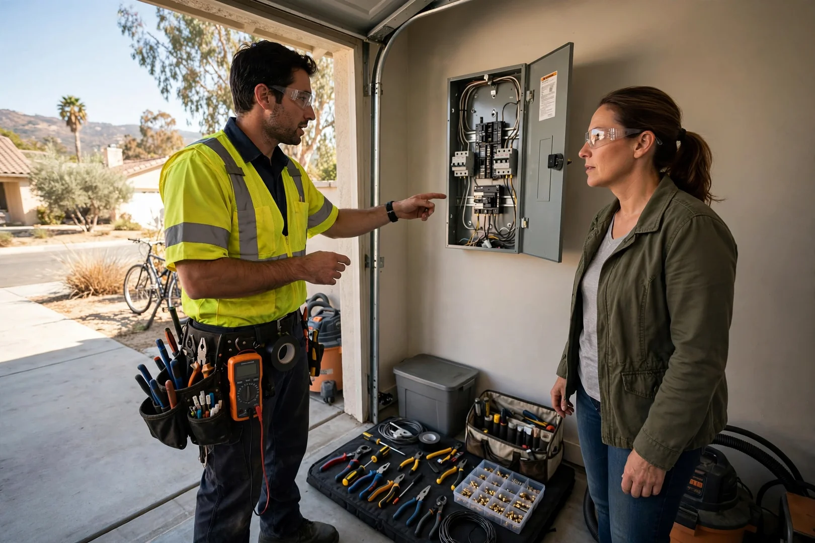 Electrician reviewing home electrical panel during a Santa Clara inspection visit