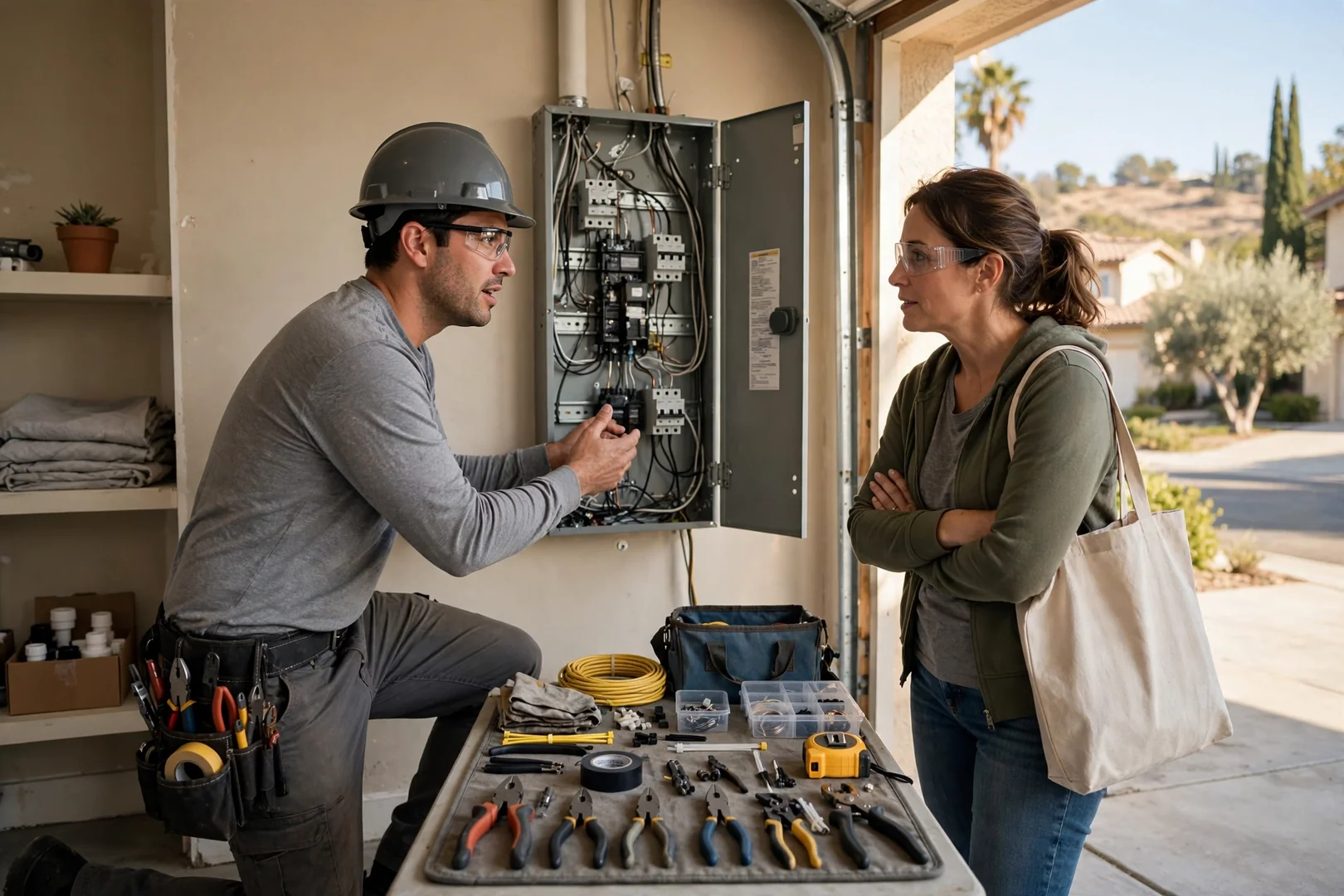 Electrician reviewing service panel during a home electrical inspection in Santa Clara