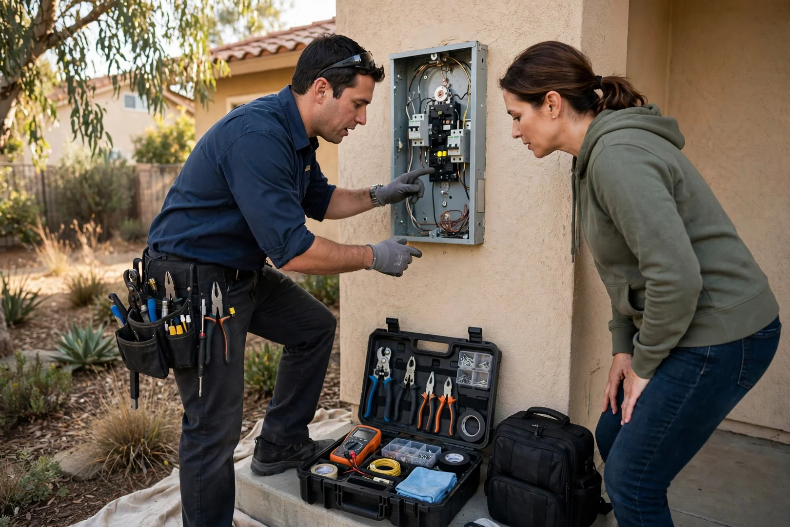 Electrician testing a residential breaker panel during a Santa Clara home inspection