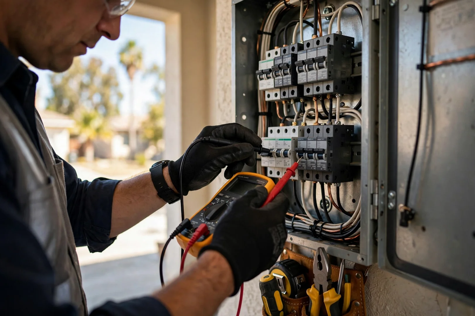 Close-up of an electrician testing breaker connections inside an open service panel