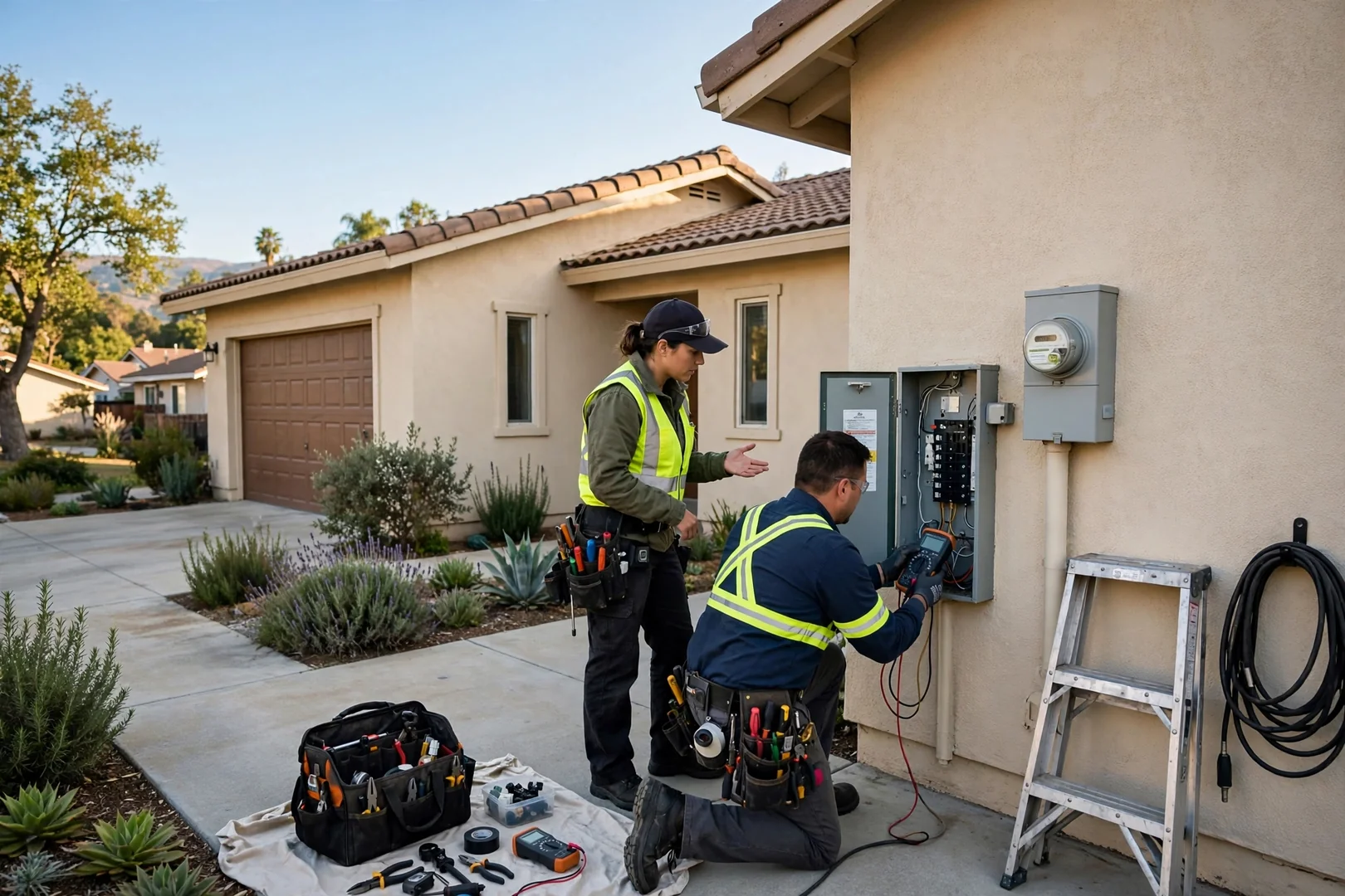 Wide view of a Santa Clara single-family home exterior with electrical meter and panel