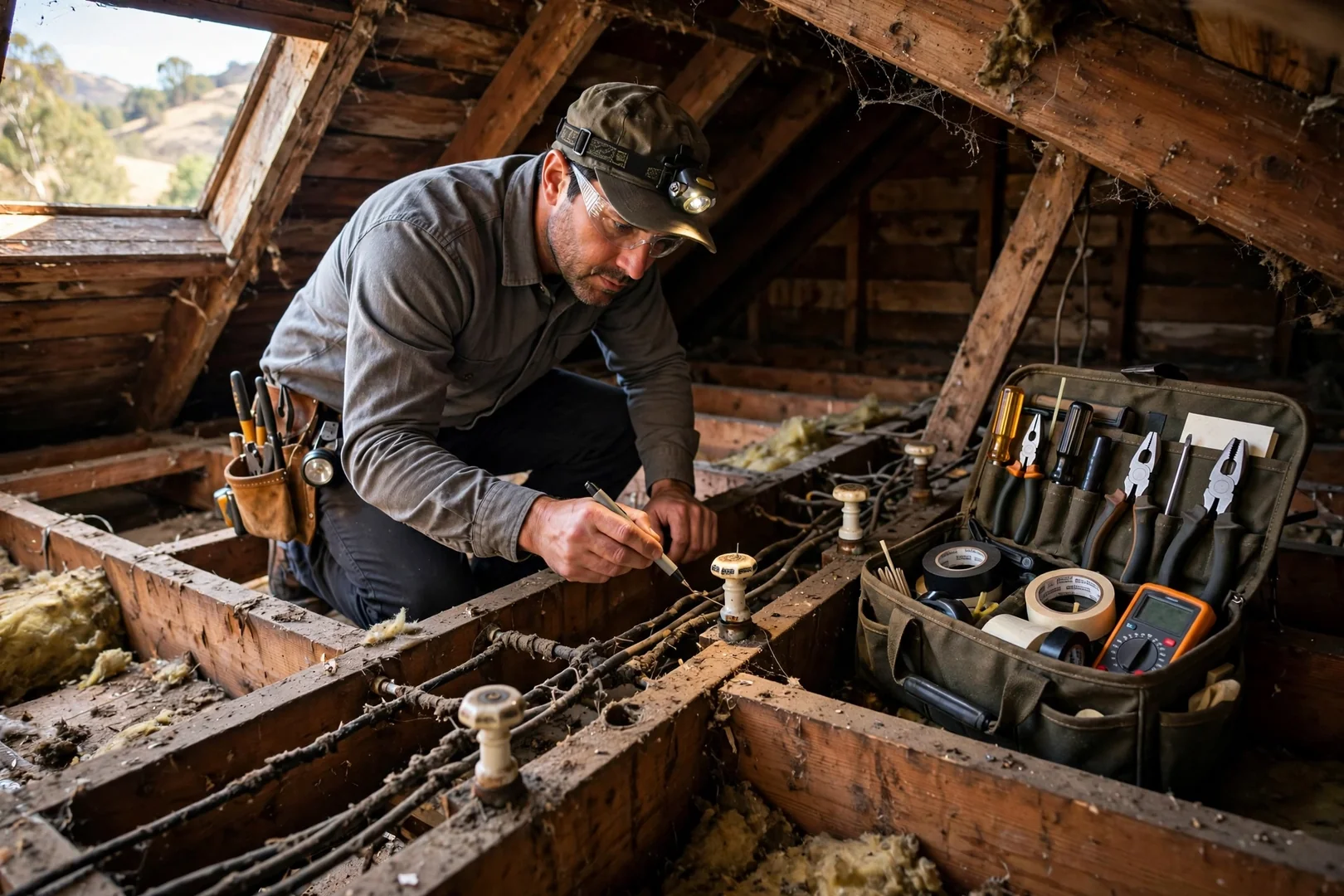 Aging knob-and-tube wiring in an attic awaiting inspection in an older home