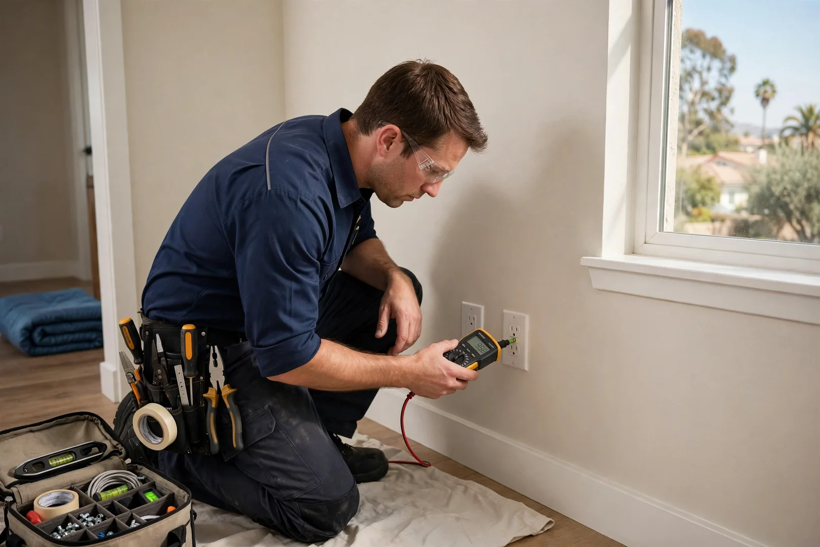 Electrician using a voltage tester on a residential wall outlet during inspection