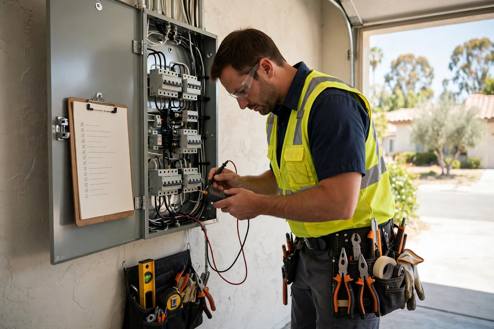 Neatly labeled electrical panel with completed inspection documentation on a clipboard