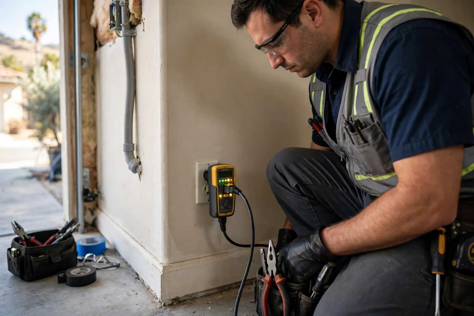 Detail of a circuit analyzer plugged into a grounded outlet during safety testing