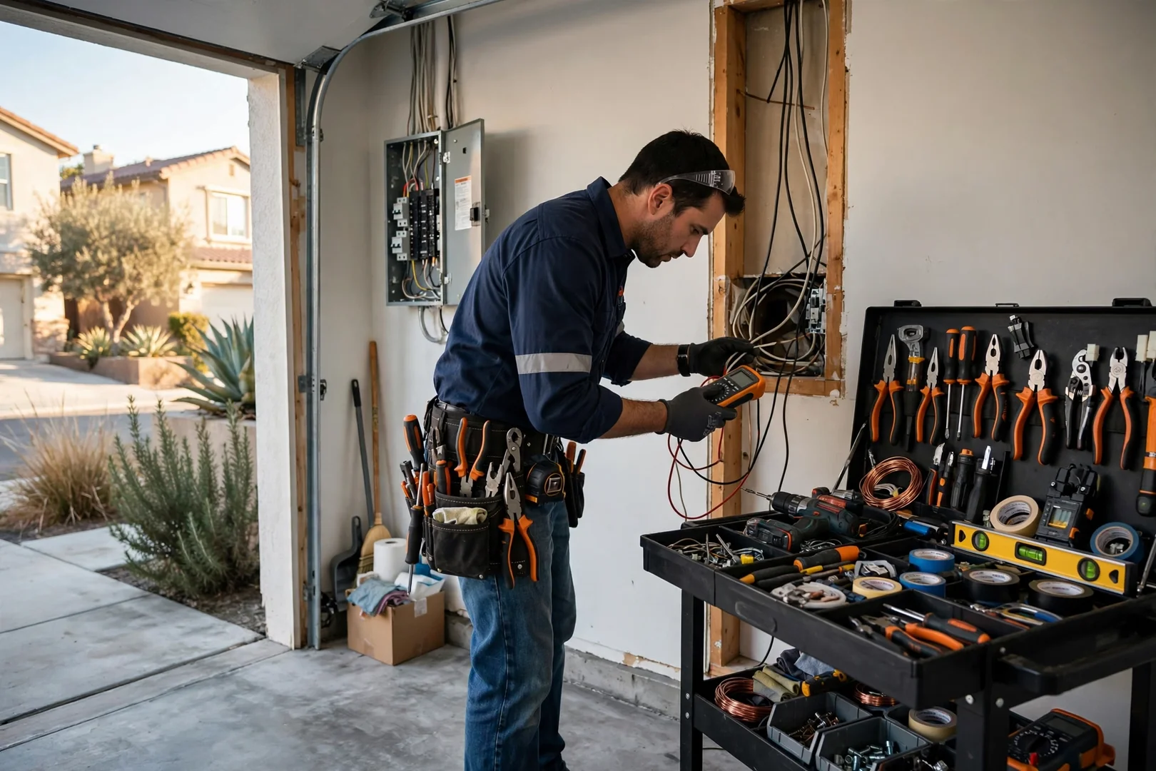 Electrician inspecting wiring in a townhouse garage with tools organized nearby