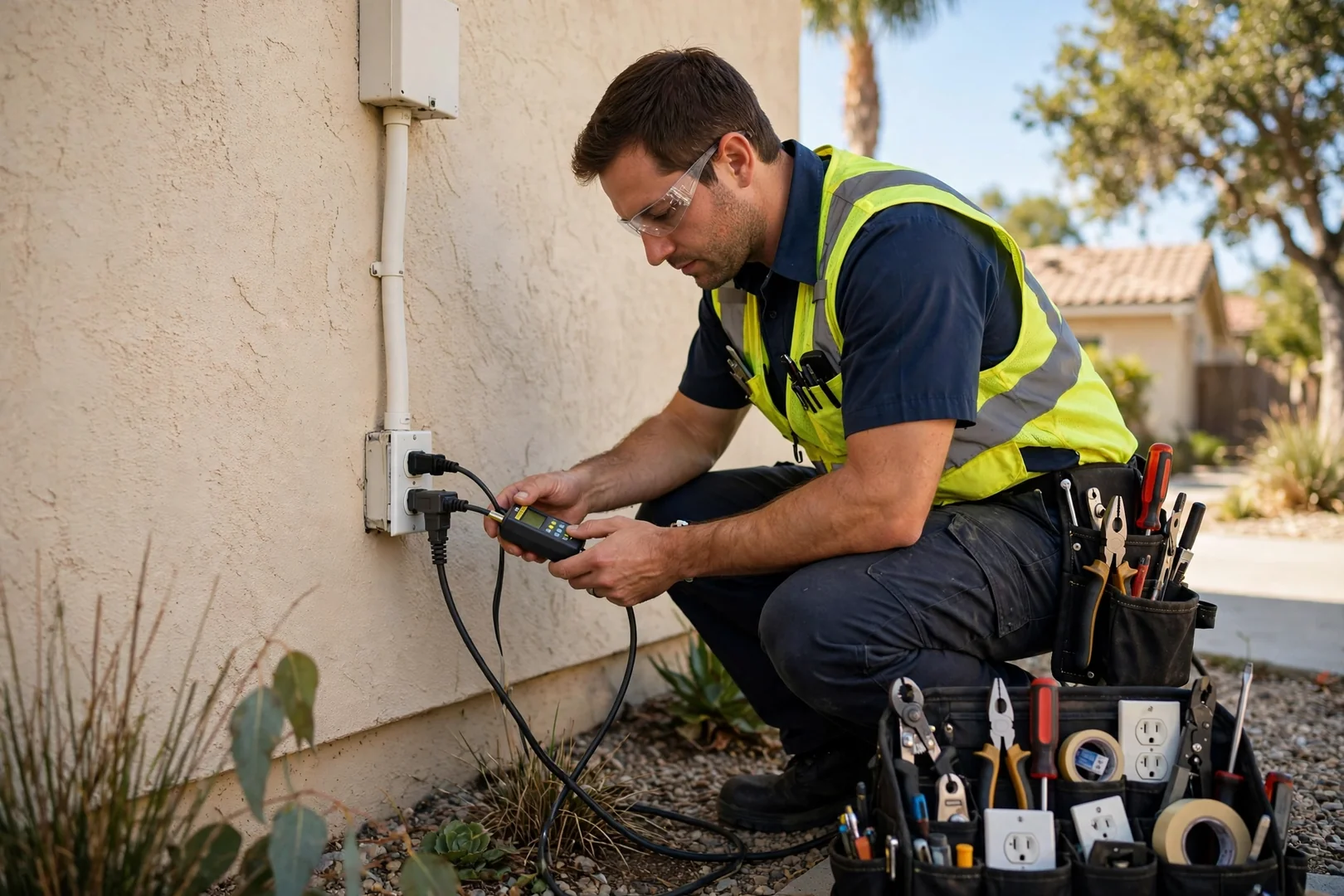 Circuit analyzer connected to an outlet during a Santa Clara electrical inspection
