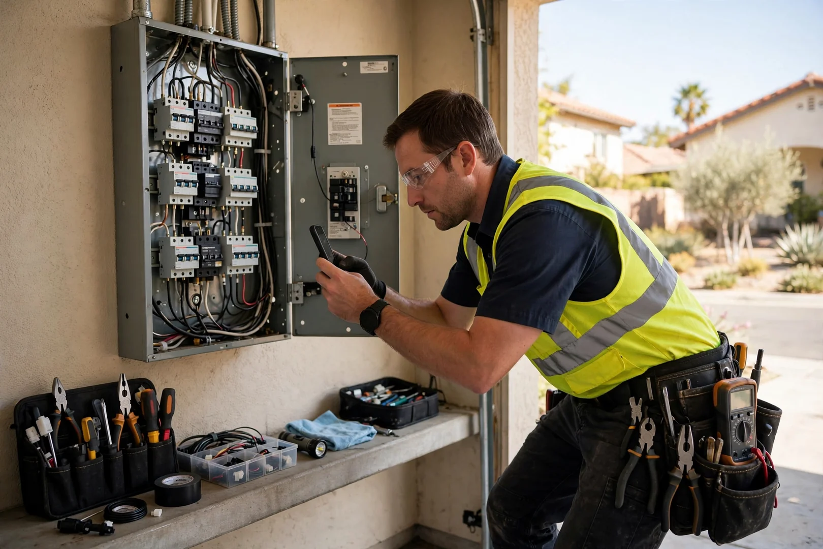Electrician documenting panel condition with photos on a Santa Clara service visit