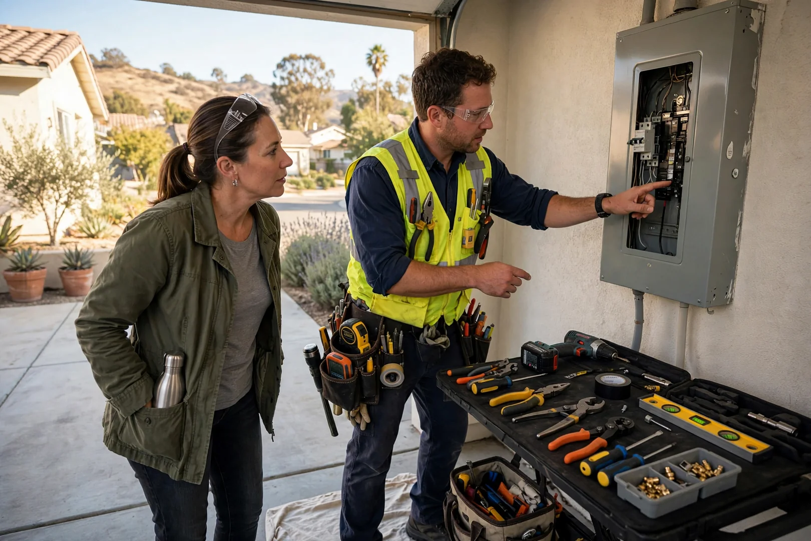 Technician testing circuits during a scheduled home electrical inspection in Santa Clara