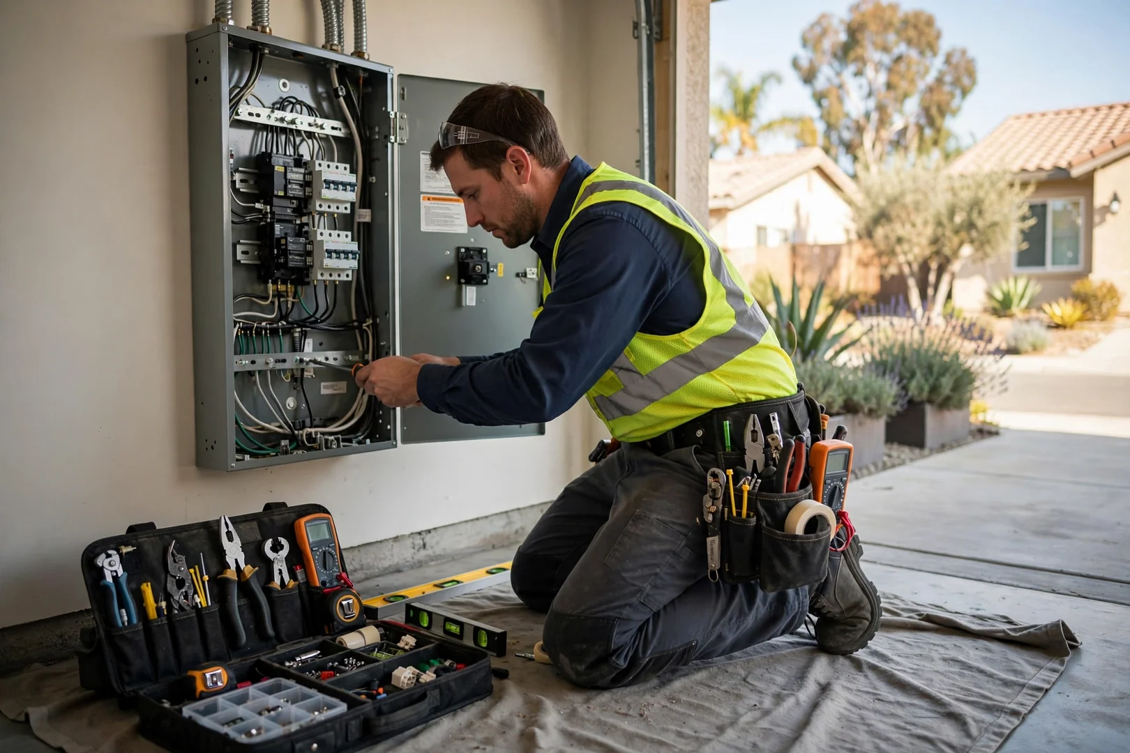 Electrician reviewing panel work with a homeowner during a scheduled Santa Clara visit