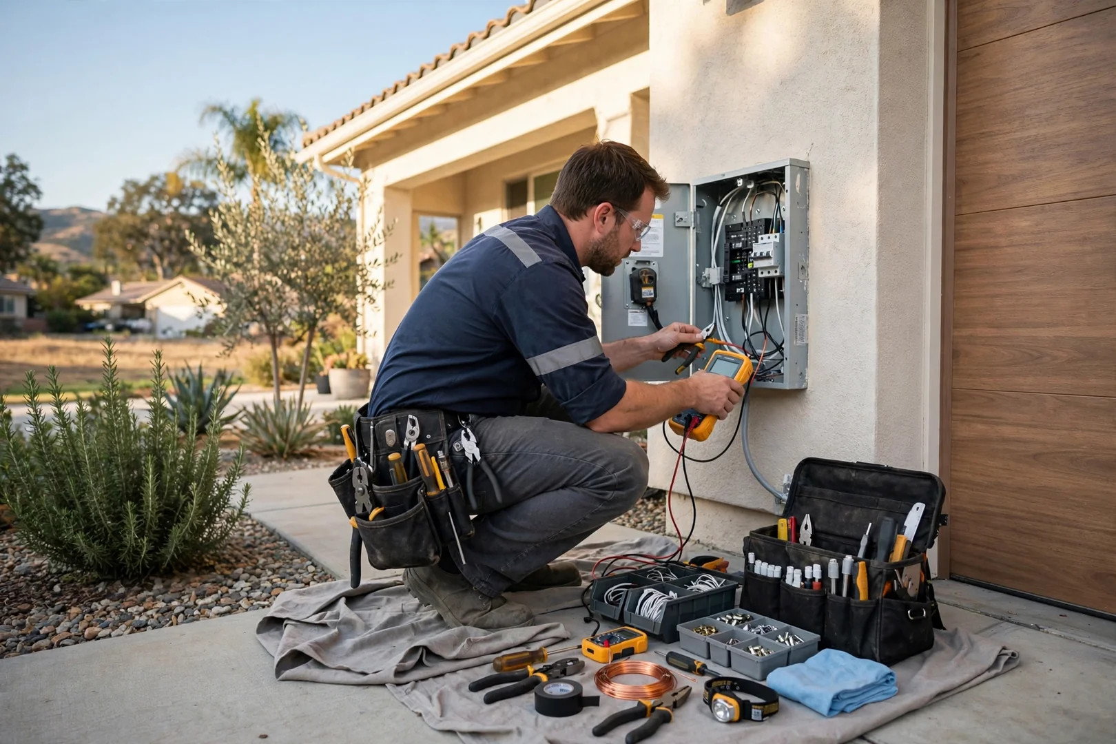 Santa Clara electrician reviewing a written estimate with a homeowner at the door
