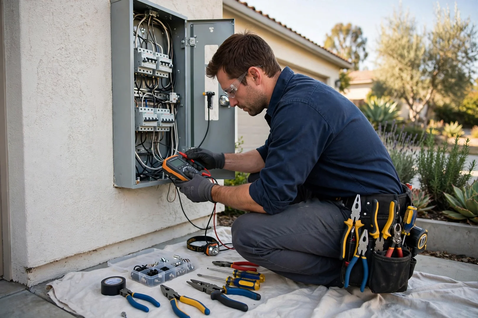 Santa Clara electrician reviewing a written quote with a homeowner at the door