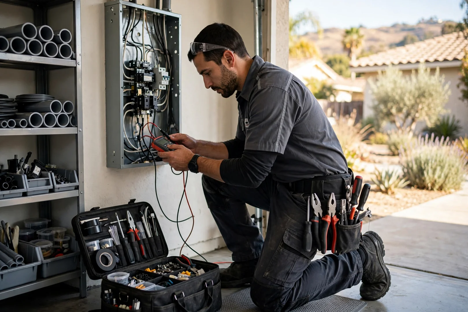 Organized electrical diagnostic meters and insulated tools ready for a Santa Clara service call