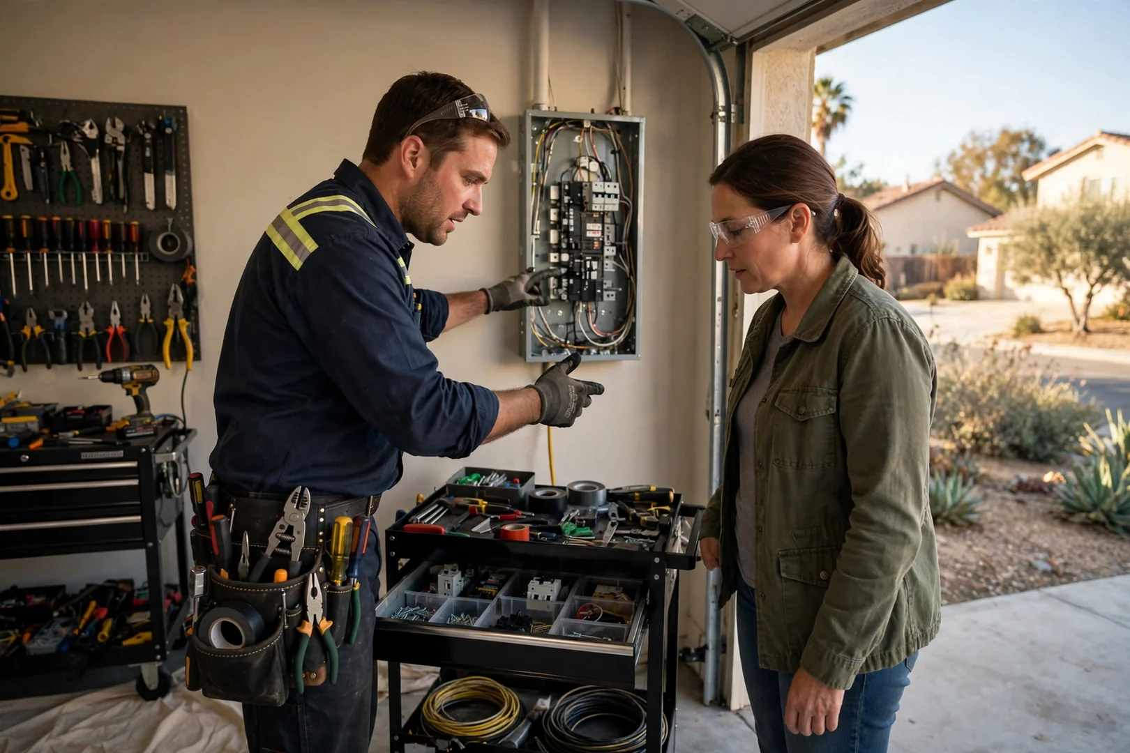 Electrician reviewing a written estimate with a homeowner in a Santa Clara kitchen