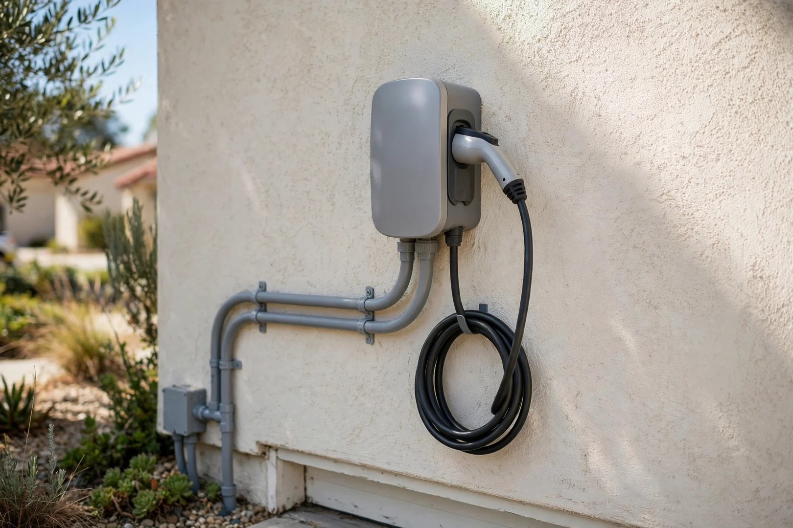 Close-up of a newly installed EV charger on a Santa Clara garage exterior wall