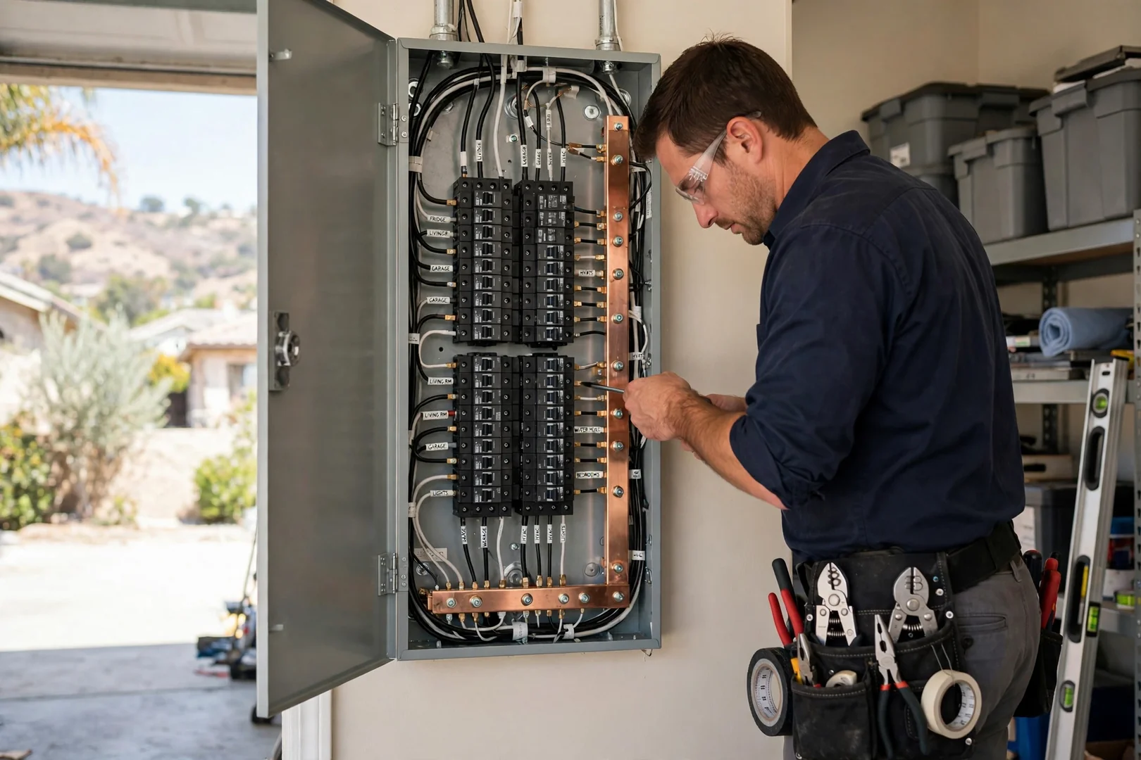 Upgraded electric service panel with organized breakers mounted in a residential utility area