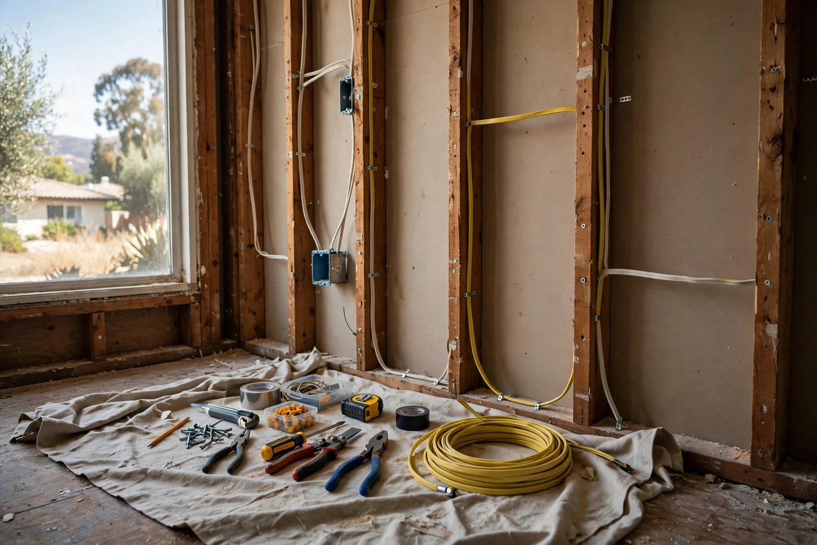 Wide shot of house rewiring work in progress with tools laid out on site