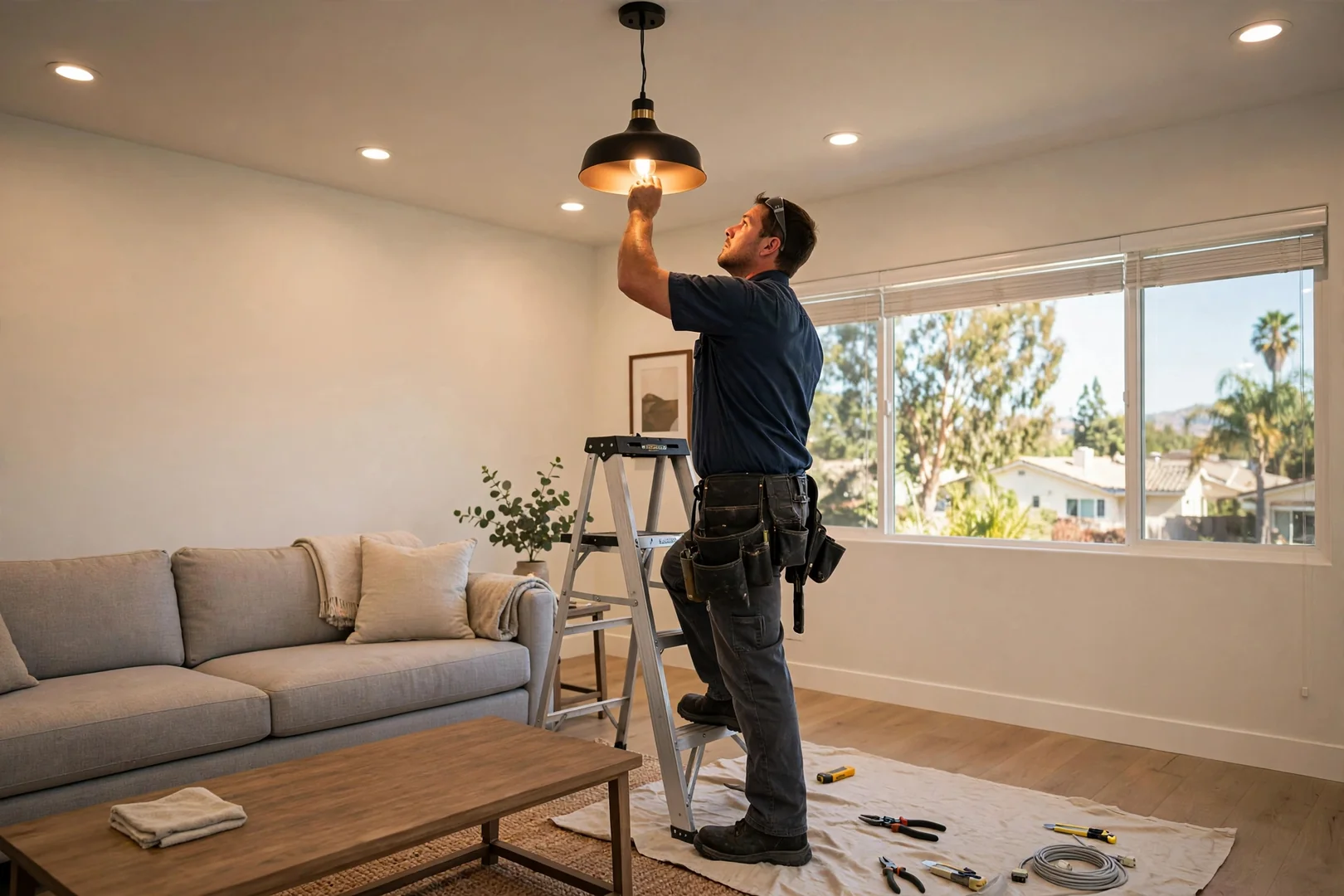 Finished recessed and pendant lighting installation in a bright modern living space