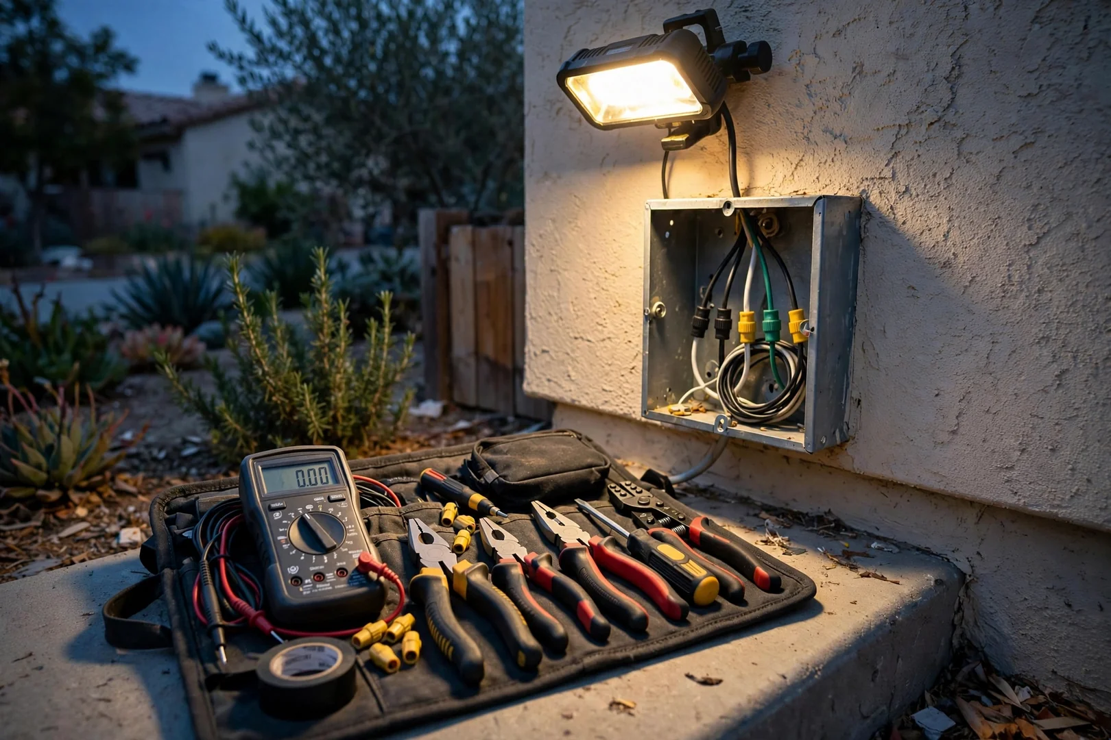 Electrician equipment and testing meter positioned during an evening emergency service call