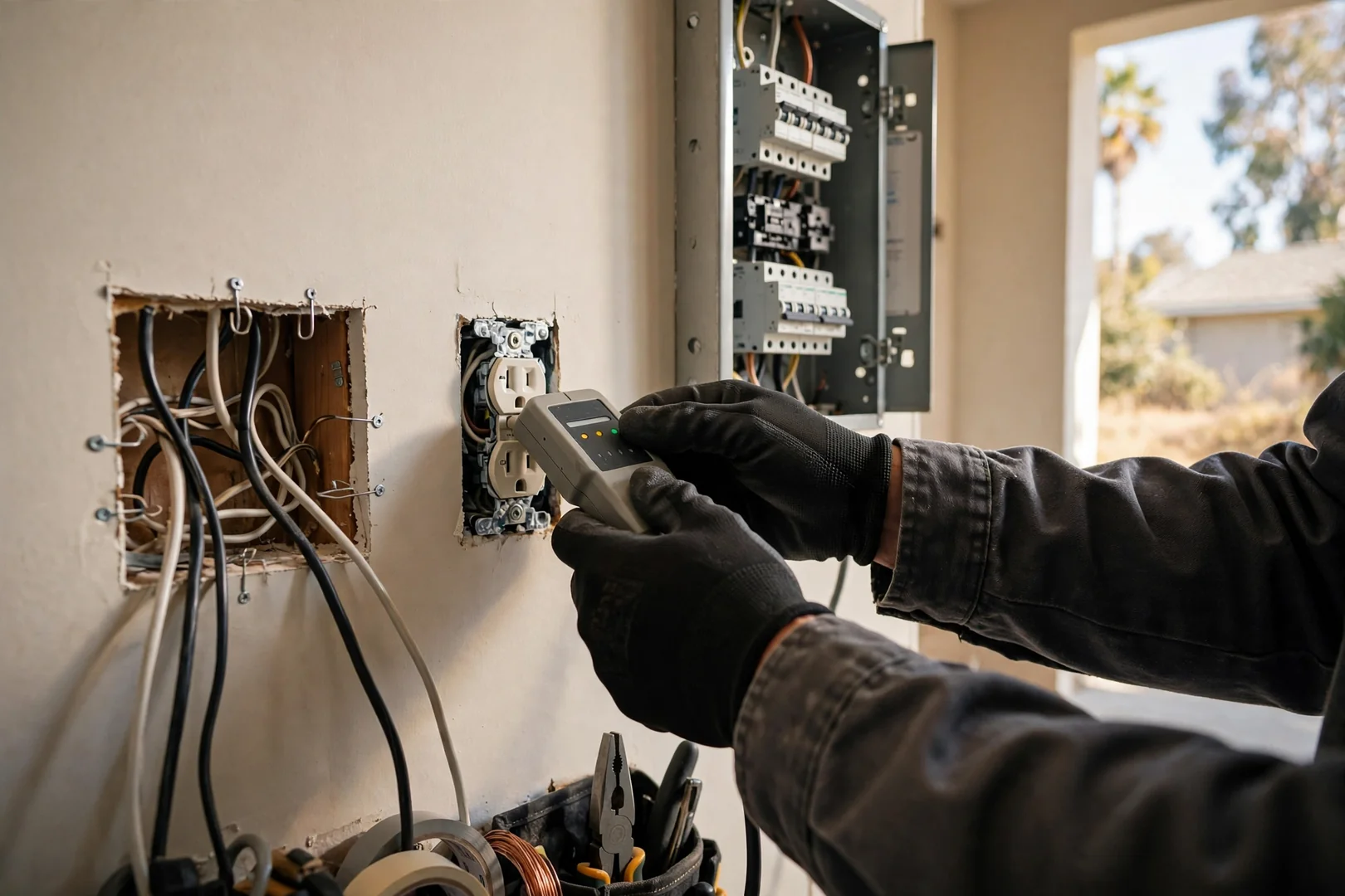 Electrical inspection underway with a technician checking outlet wiring on a workbench