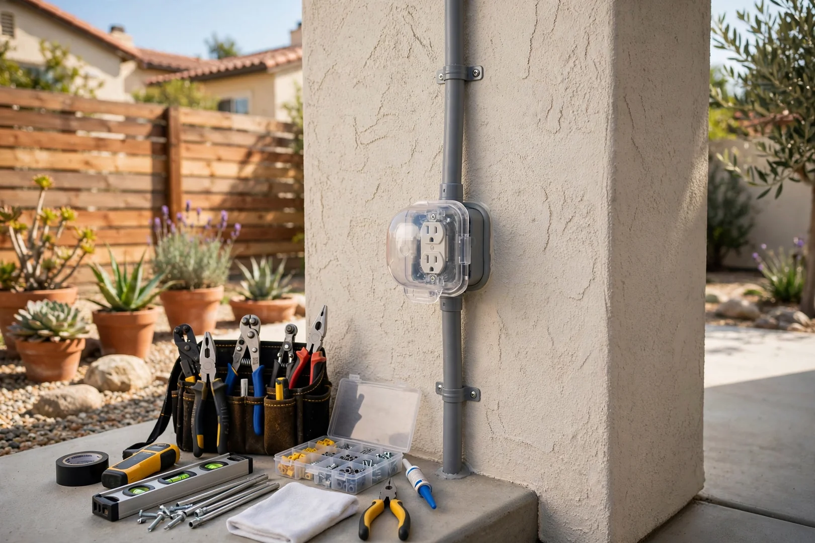 Newly installed exterior outlet and weatherproof cover on a residential patio wall