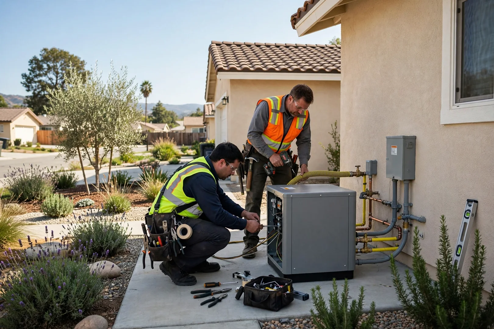 Completed whole-home generator installed beside a suburban Santa Clara residence