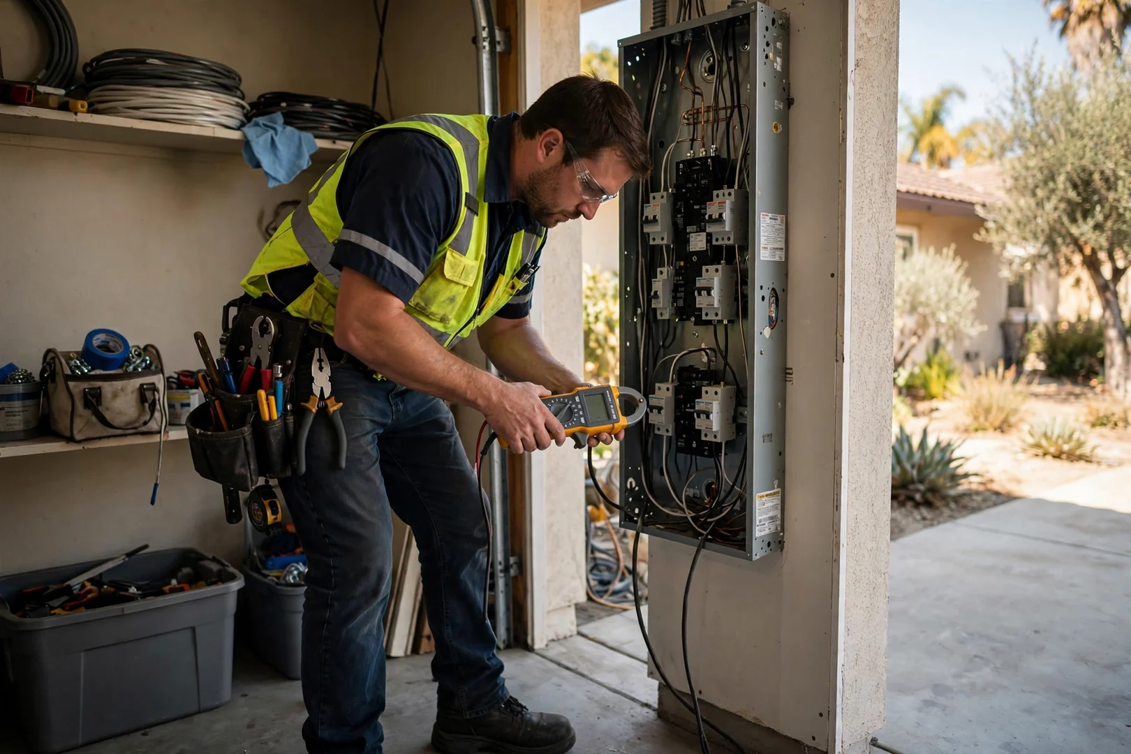 Electrician testing a residential panel upgrade in a Santa Clara home