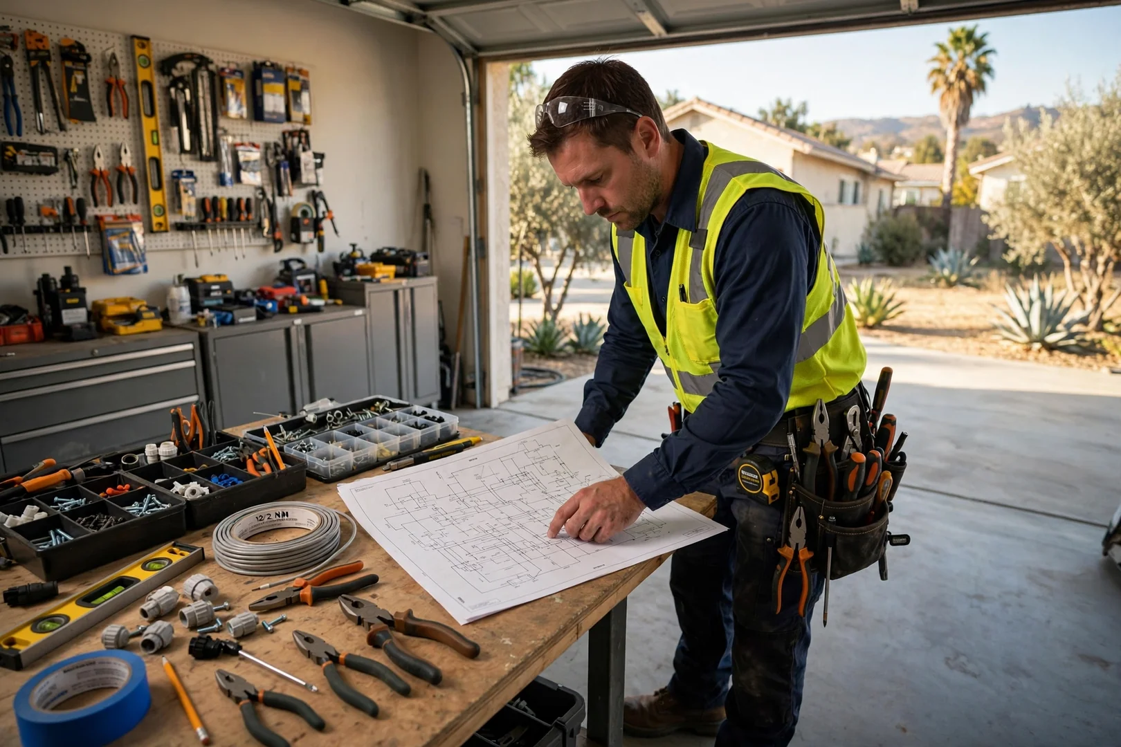 Technician reviewing wiring layout before starting an electrical project