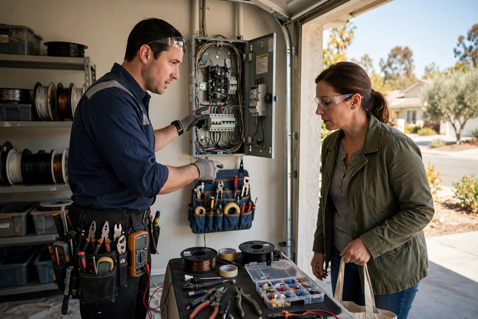 Electrician inspecting a damaged home panel during an emergency service call in Santa Clara