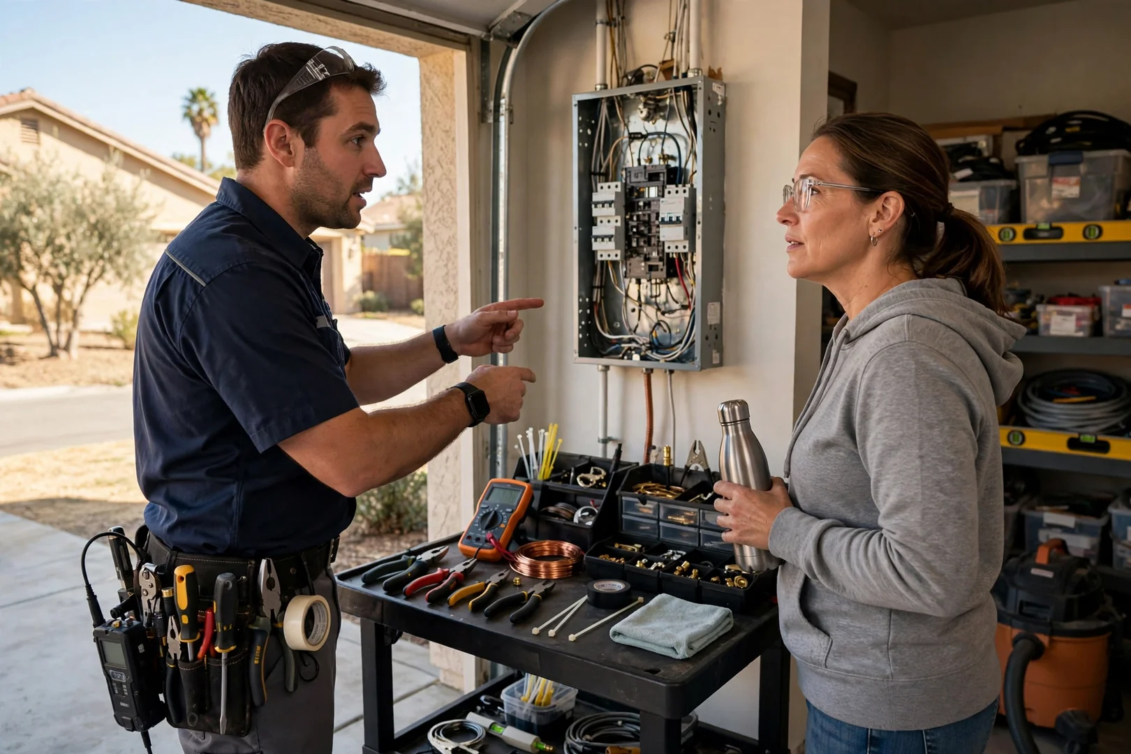 Electrician inspecting a tripped electrical panel during an emergency service call at home