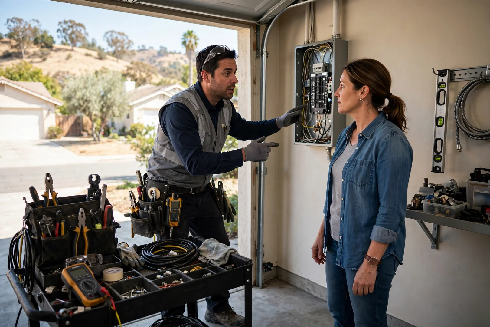 Electrician inspecting a residential electrical panel during an emergency service call