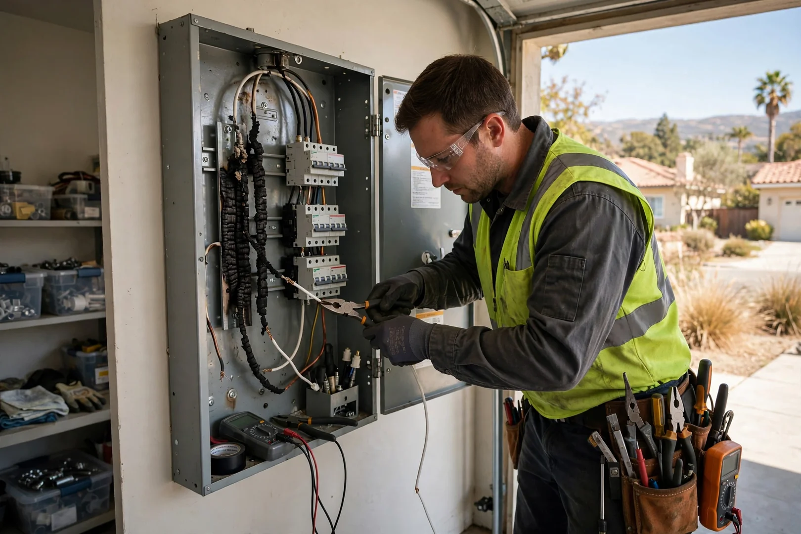 Electrician repairing a burned neutral wire inside a residential service panel in Santa Clara