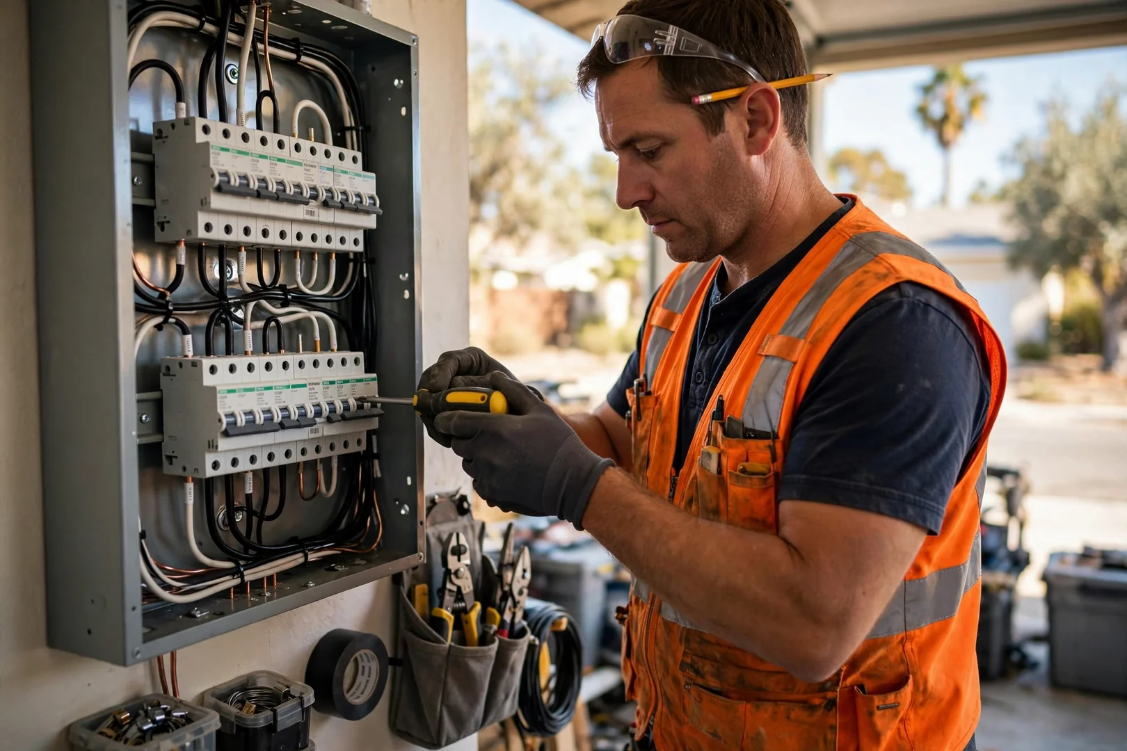 Close-up of a reset residential subpanel with newly installed breakers after emergency work