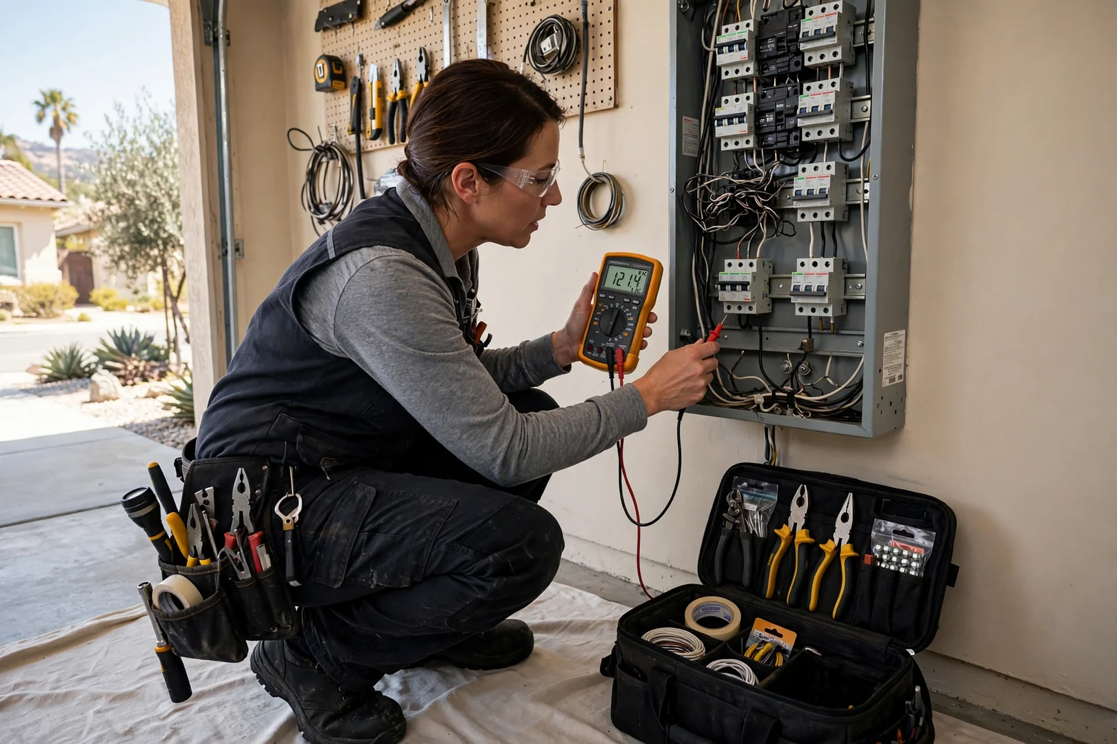Voltage tester reading measurements on an overloaded household circuit during a repair