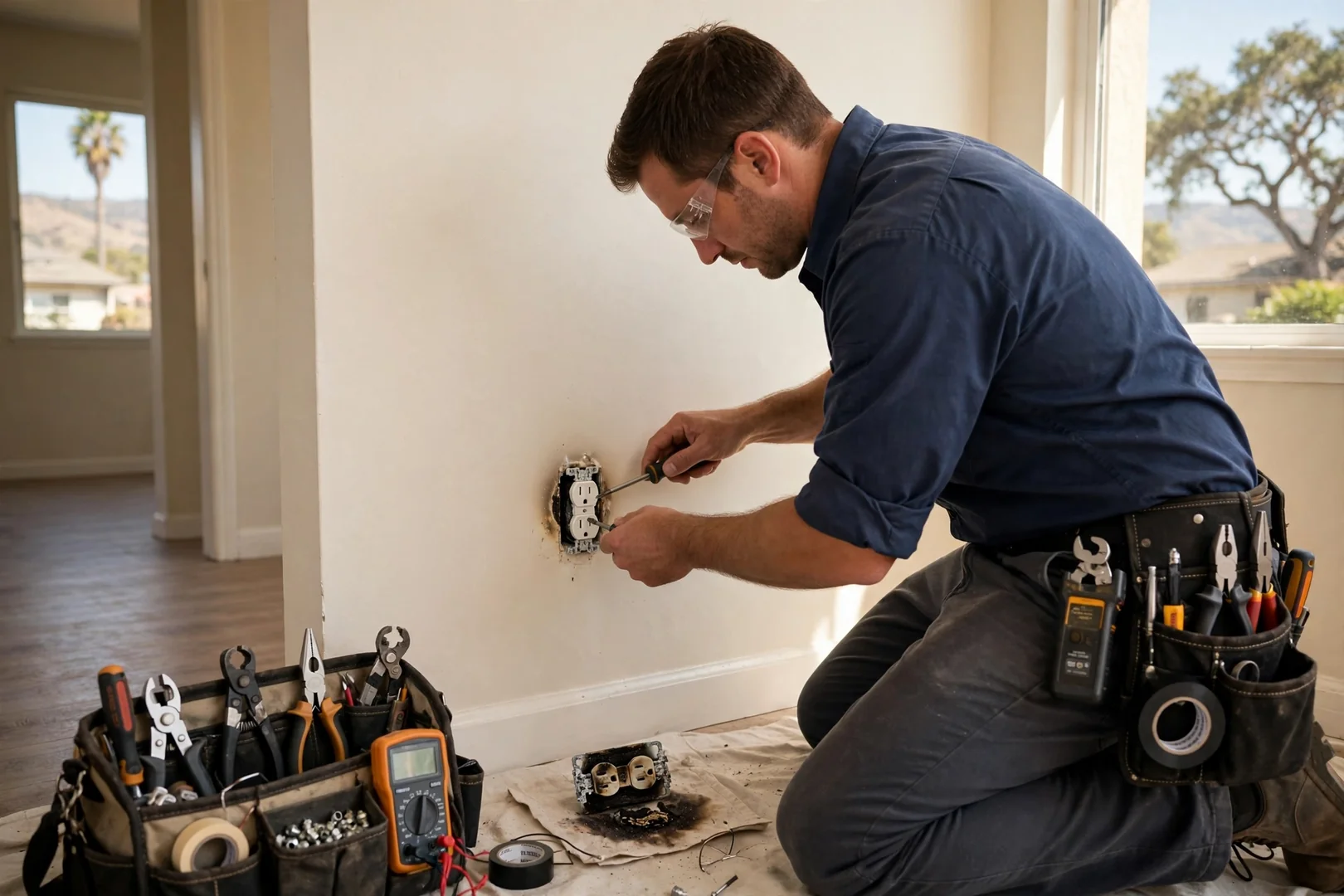 Newly installed wall outlet replacing a scorched receptacle in a Santa Clara home