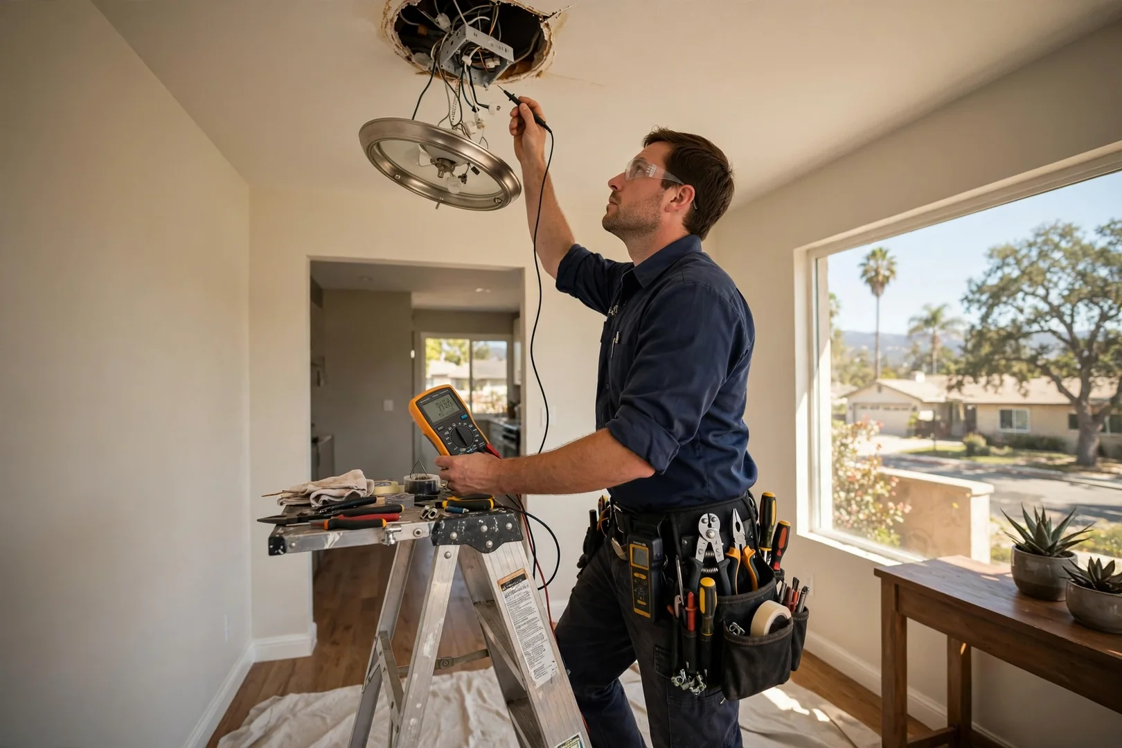 Electrician inspecting ceiling light wiring to trace a flickering circuit fault