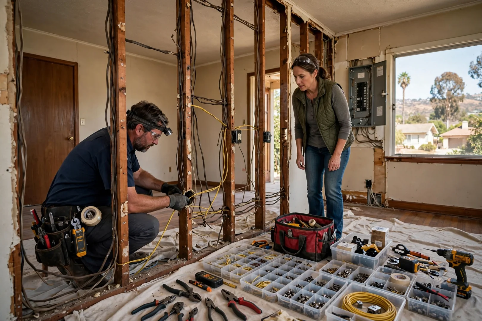 Wide shot of exposed aged wiring being replaced in an older Santa Clara house
