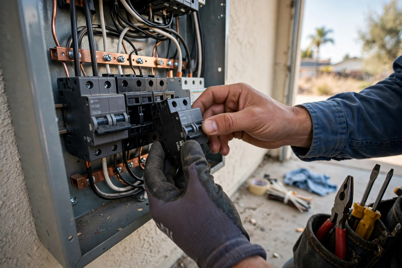 Hands installing a replacement circuit breaker into an open electrical panel